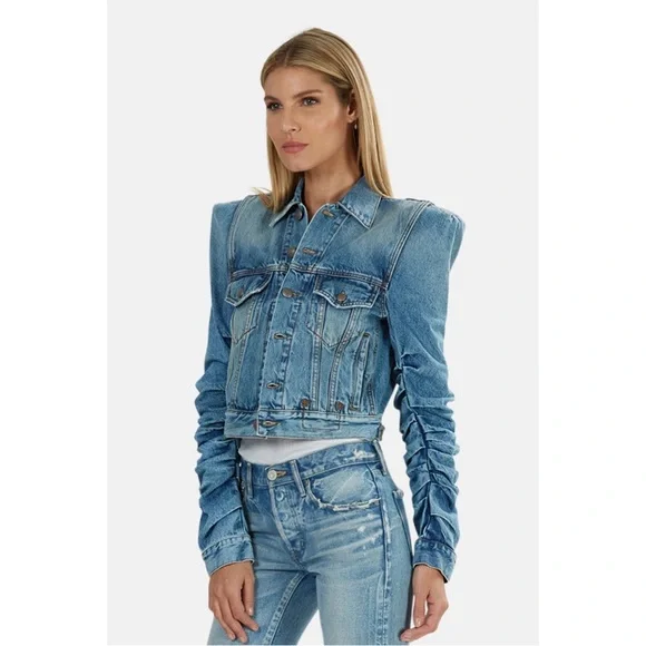 R13 Distressed Denim Jacket Structured Ruched Sleeve Jean Jacket | The Attico - Picture 7 of 13